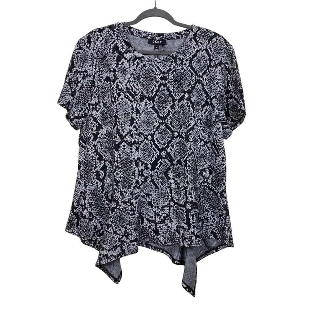 DKNY Asymmetrical Peplum Top Women XL Snake Print Grey Black Short Sleeve NEW